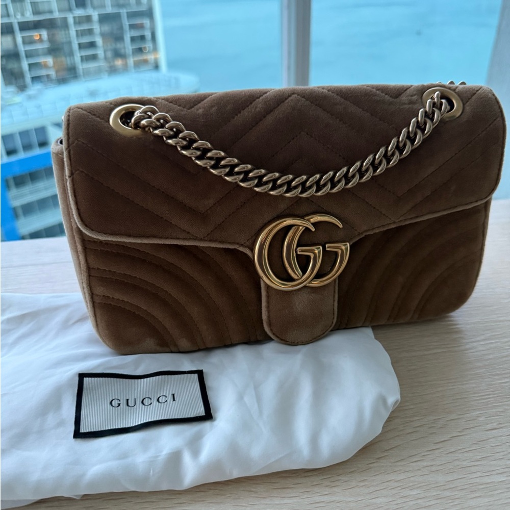 Gucci Velvet Tan Medium Size Quilted Shoulder Bag with Gold Chain